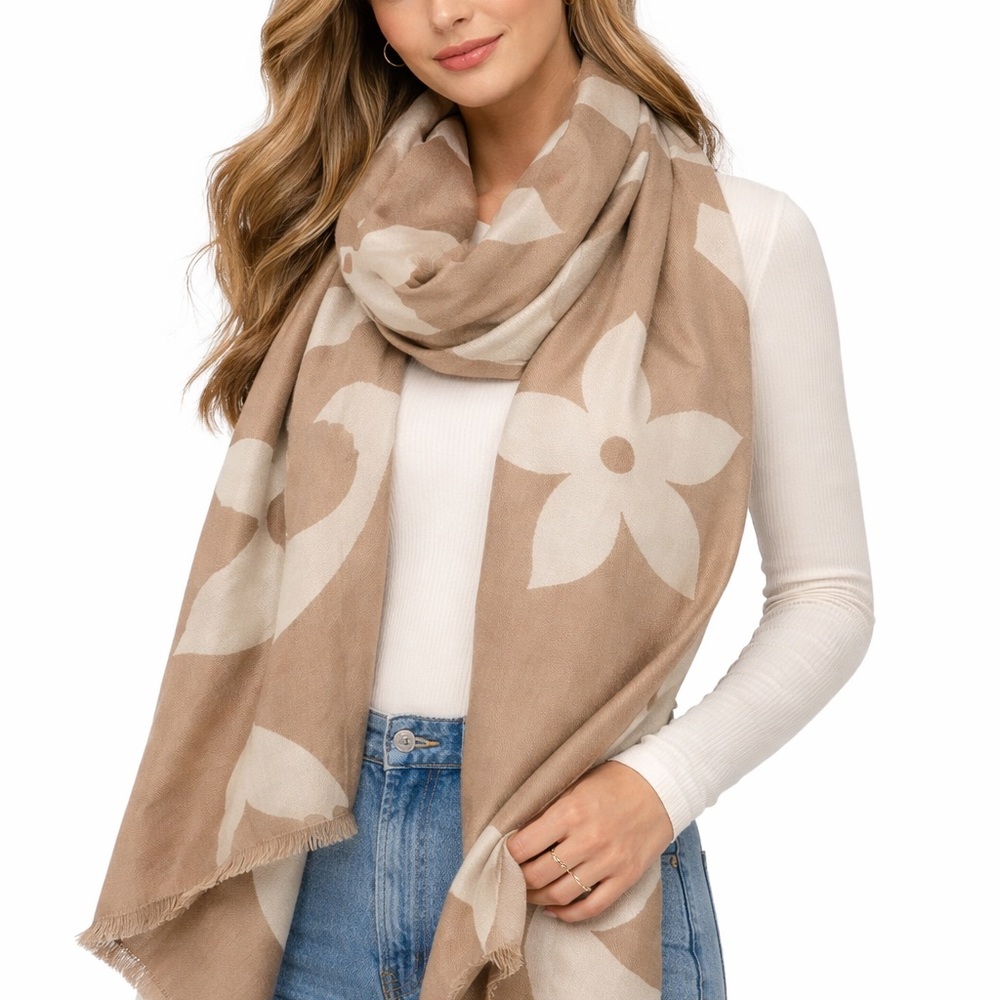 Elegant oversized floral monogram scarf in a beautiful beige and cream palette.
